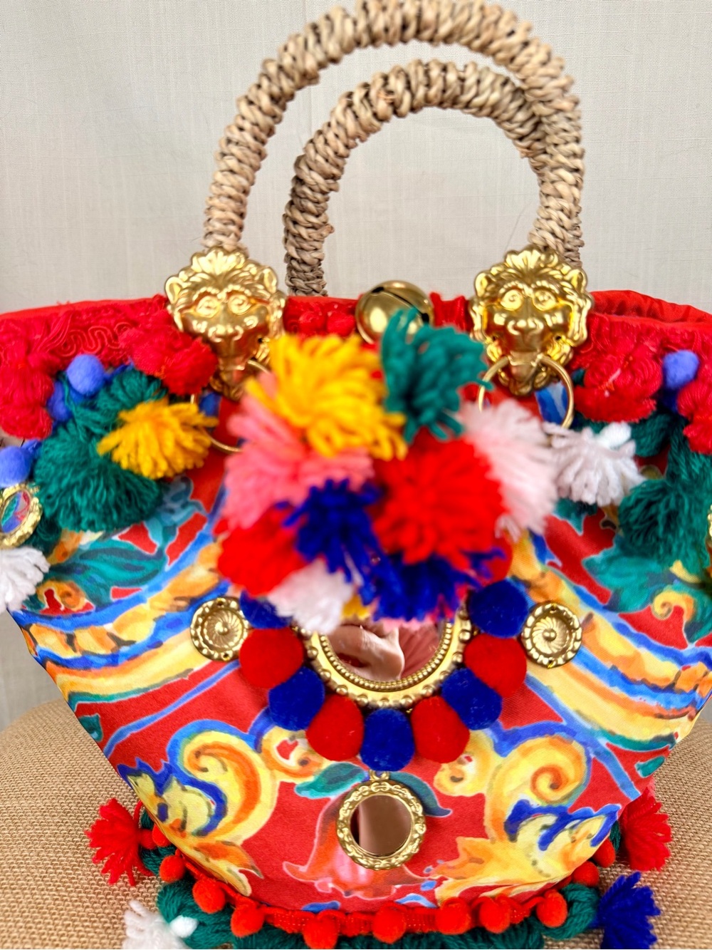 Italy Boho Pom-Pom Hand Made Straw Italian Designer Style Tote Bag Multicolor - Picture 6 of 11